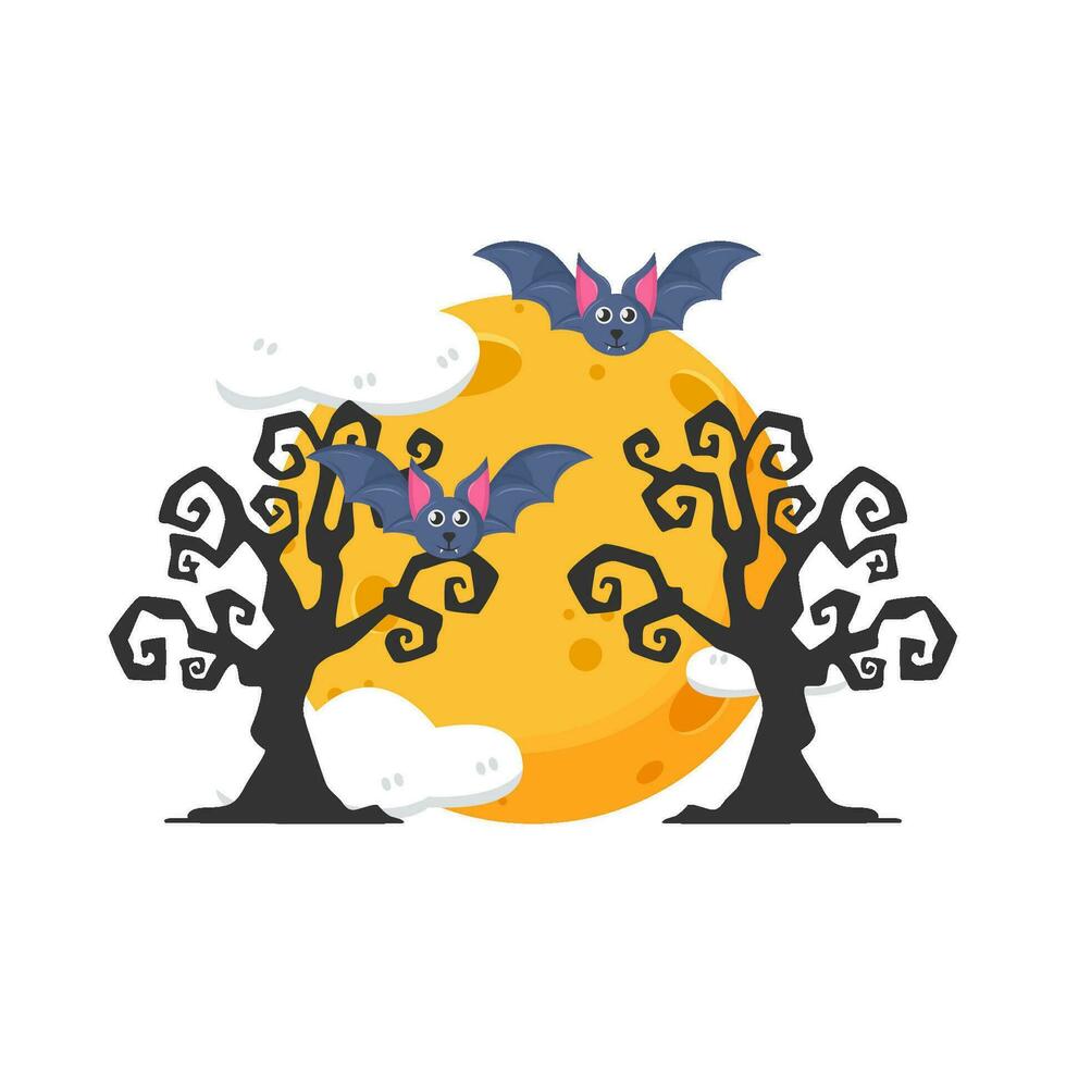 bat fly, moon, cloud with tree illustration vector