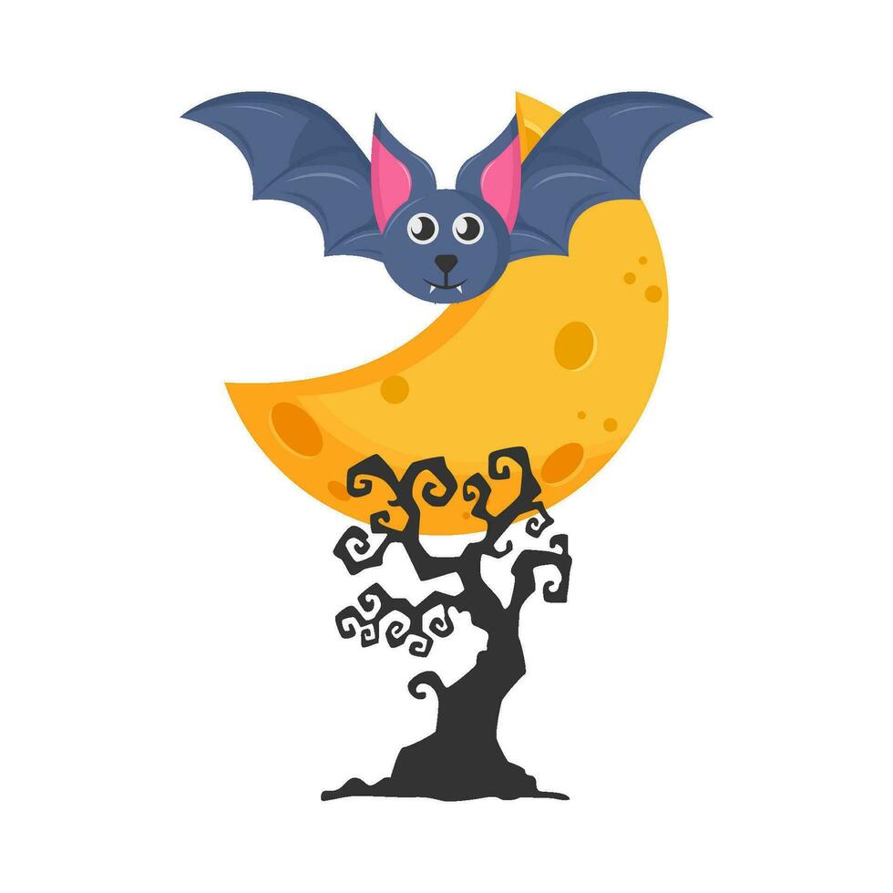 moon, bat fly with tree illustration vector