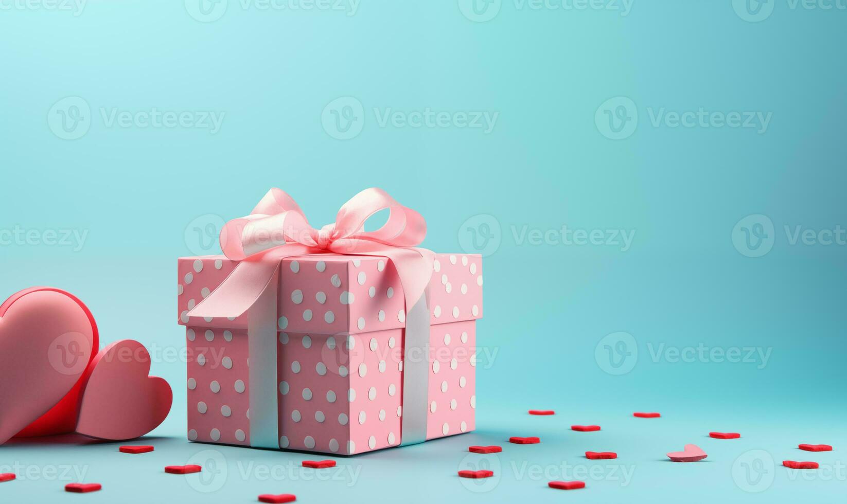 AI generated A pink gift box and hearts on a blue background. Valentine's Day celebration. Generated by artificial intelligence. photo