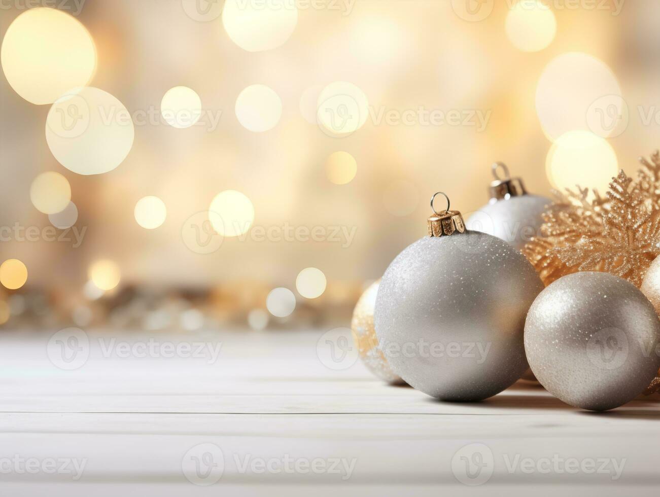 Christmas silver balls with golden snowflakes on the table photo