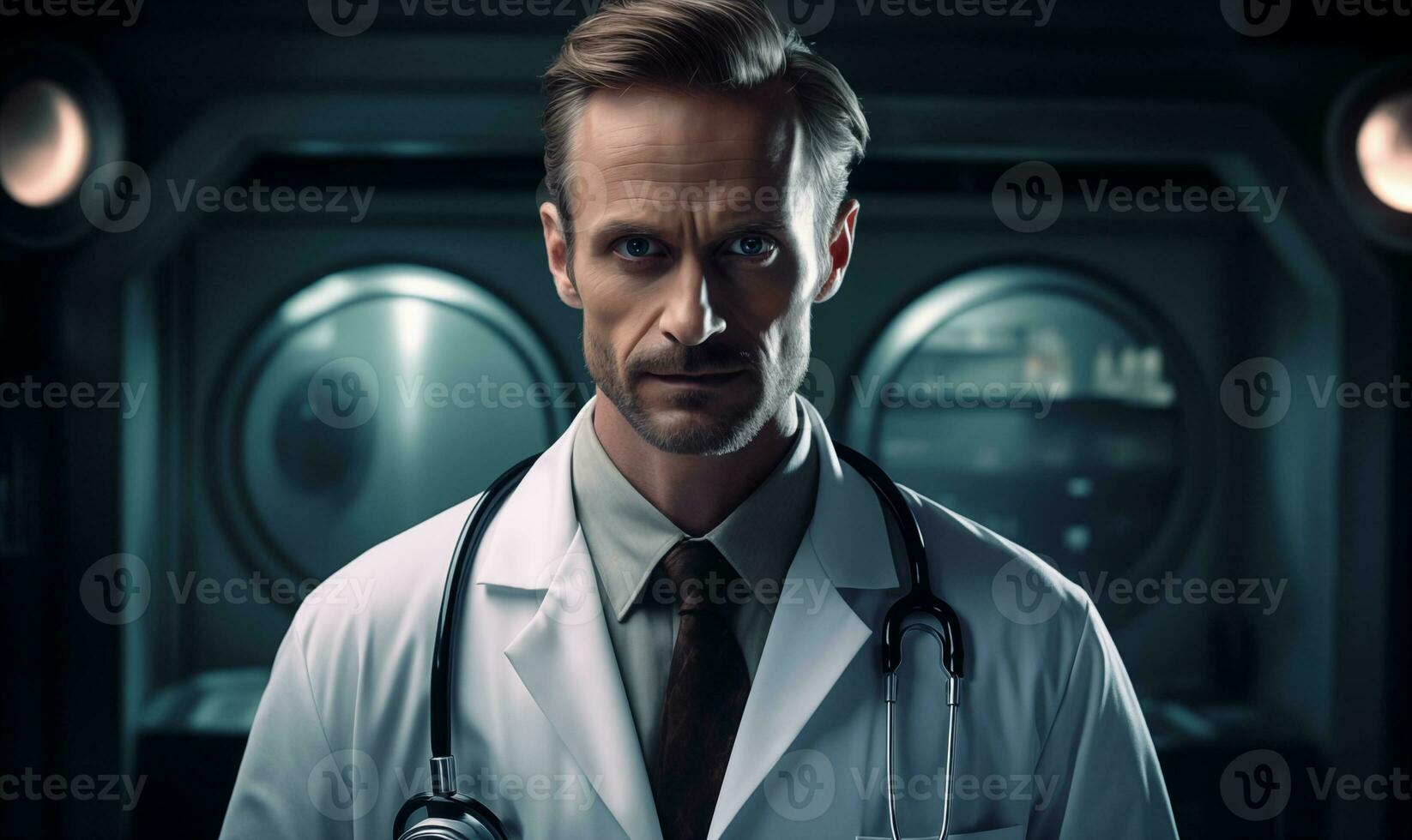 AI generated Professional doctor man in a medical coat with a stethoscope. Posing on the dark background, the middle-aged physician looking at the camera. photo