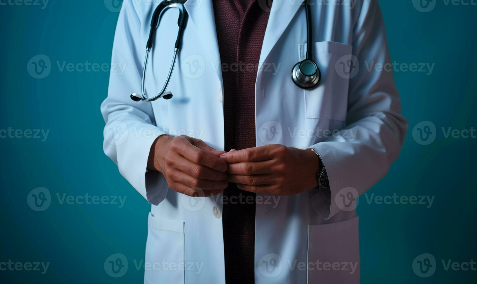 The hands of a male doctor with a statoscope. Generated with the help of an artificial intelligence. photo