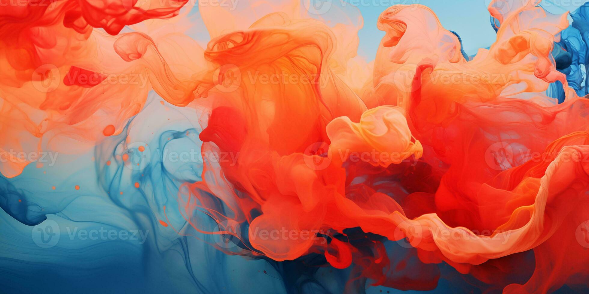 AI generated Orange-blue fluffy pastel ink smoke on a blue background. Generated by artificial intelligence. photo