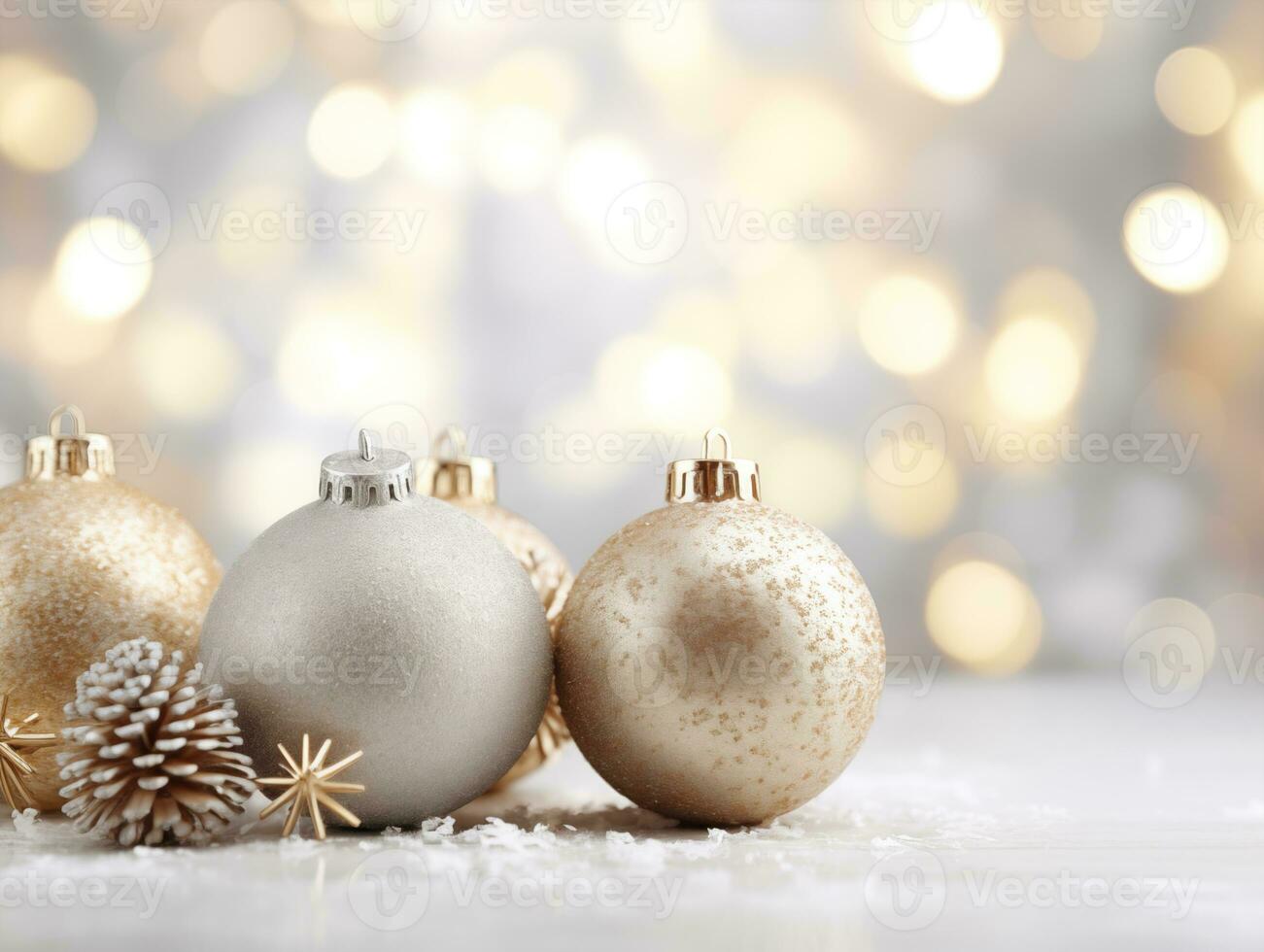 Festive Christmas background with gold and silver Christmas balls, 3D stars and pine cones photo