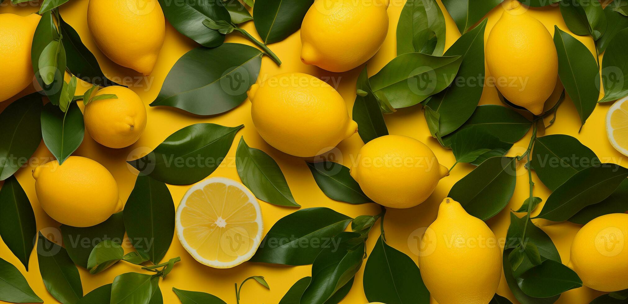 Ripe lemons and lemon leaves on a yellow background. Top view. photo