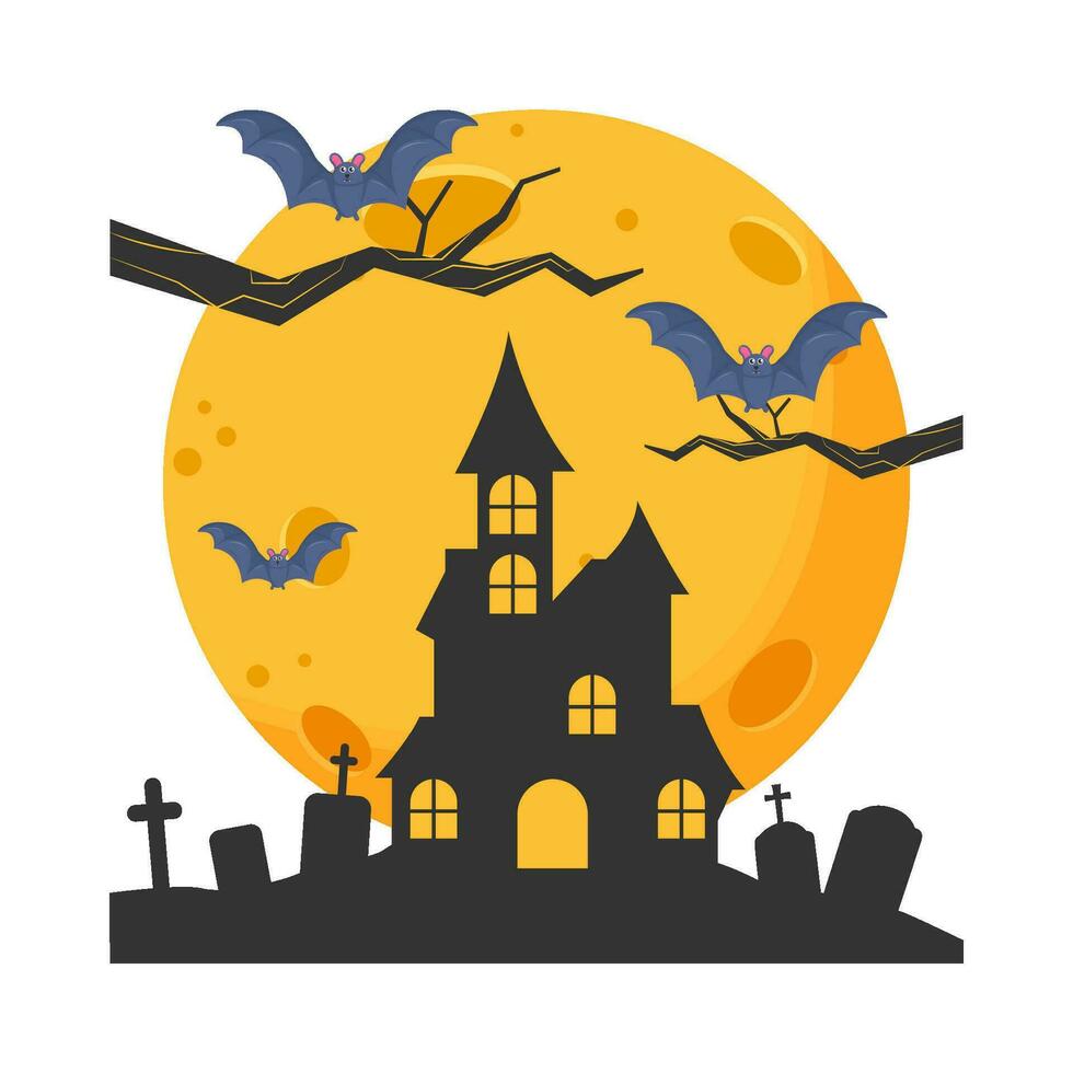 moon, palace, tombstone with bat in twigs illustration vector