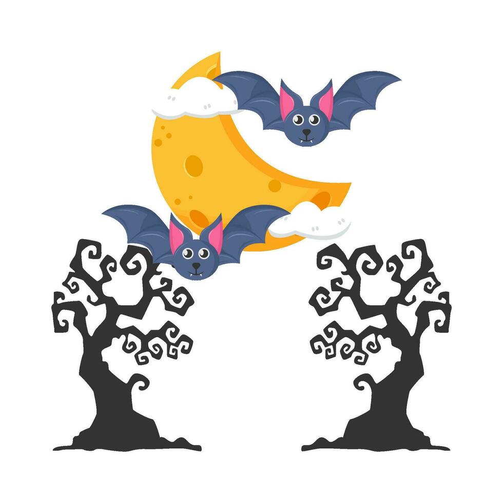 bat fly, moon, cloud with tree illustration vector