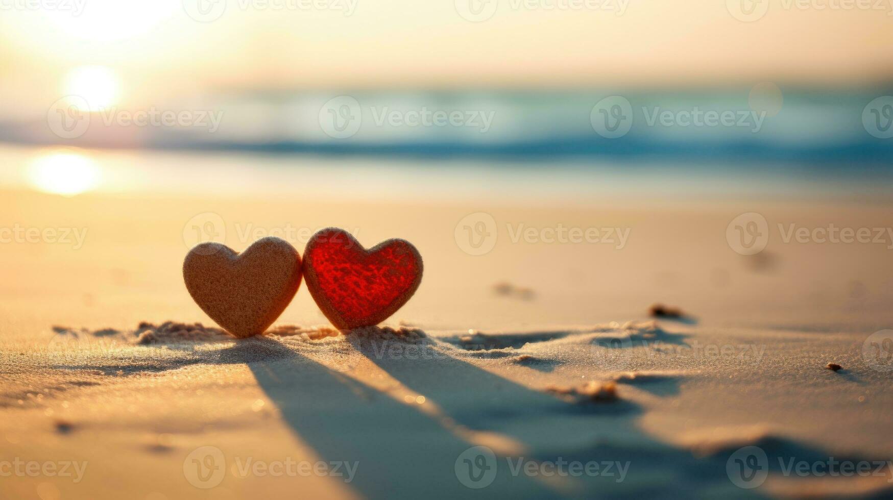 ai generado dos corazones en playa arena a puesta de sol San Valentín concepto foto