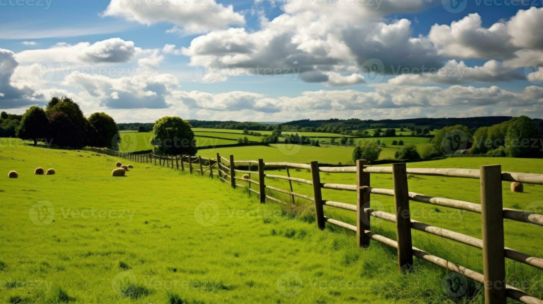 AI generated Idyllic Countryside Amidst Lush Green Fields Under Blue Sky photo