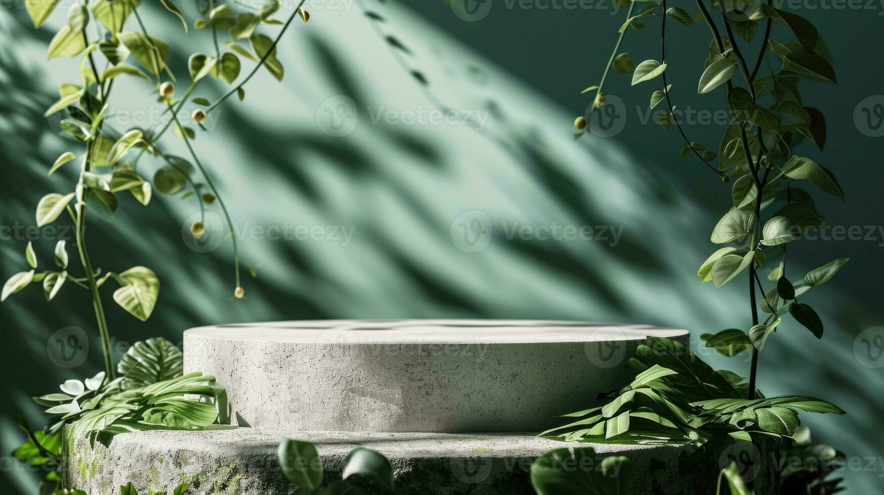 AI generated Concrete Podium for Product Presentation with Green Leafy Backdrop photo