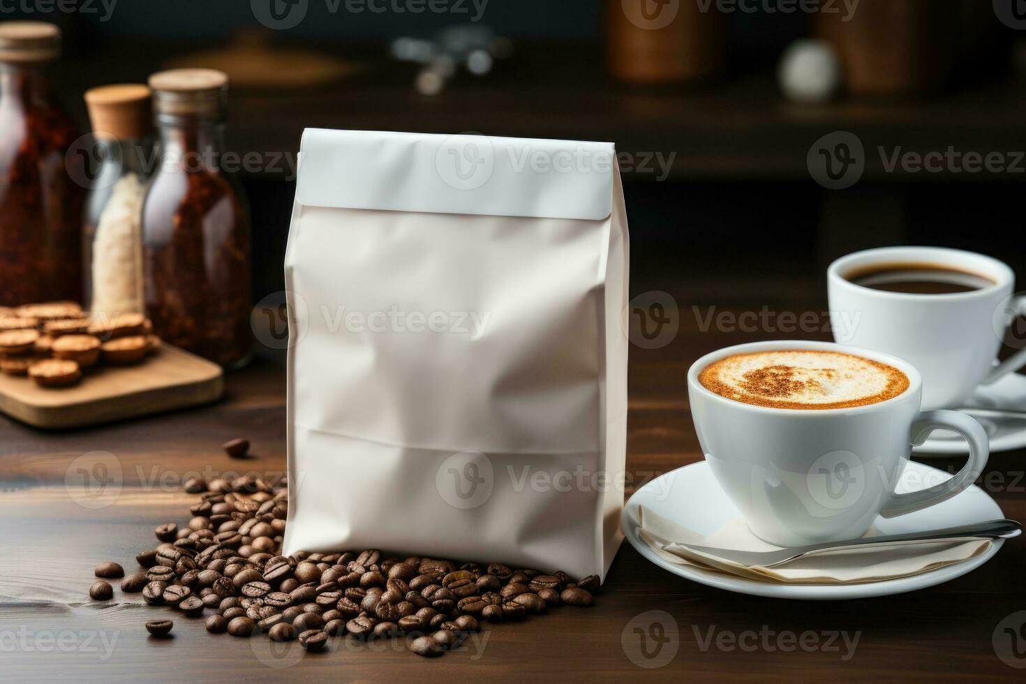 AI generated Blank Paper Coffee Bag Mockup on Wooden Table photo