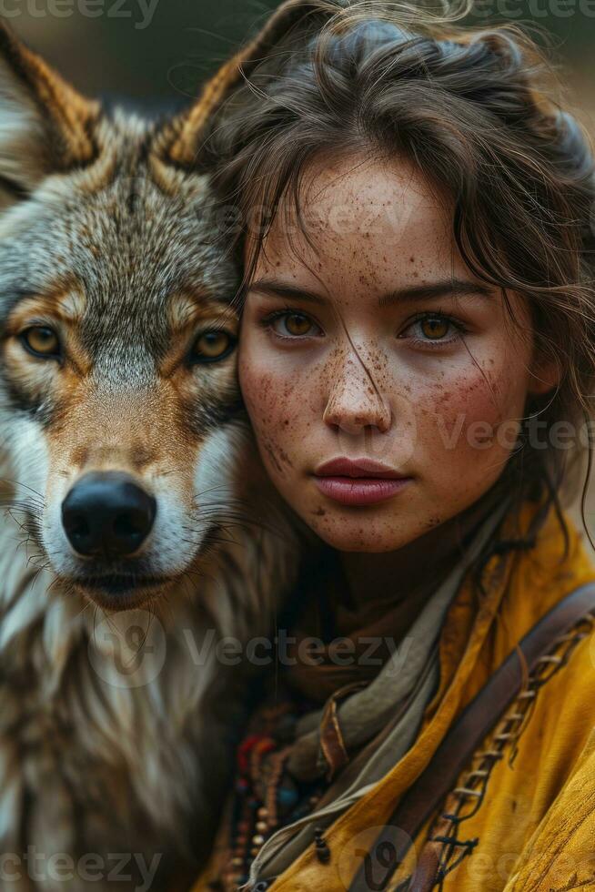 AI generated Woman and Wolf in Wilderness Companionship. photo
