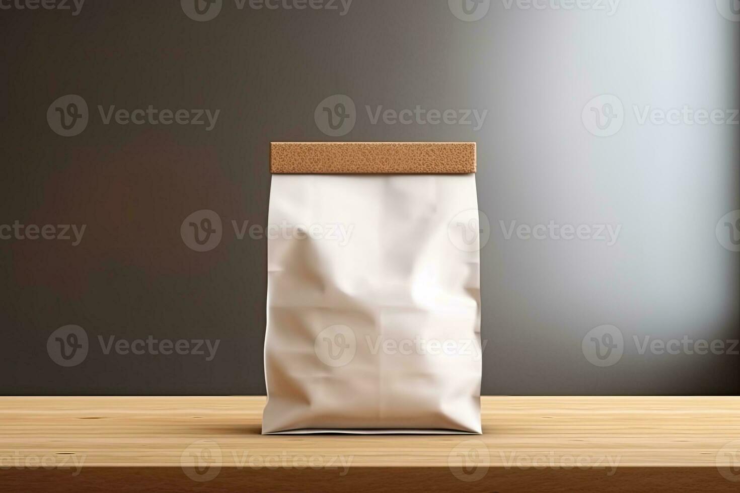 AI generated Blank Paper Coffee Bag Mockup on Wooden Table photo