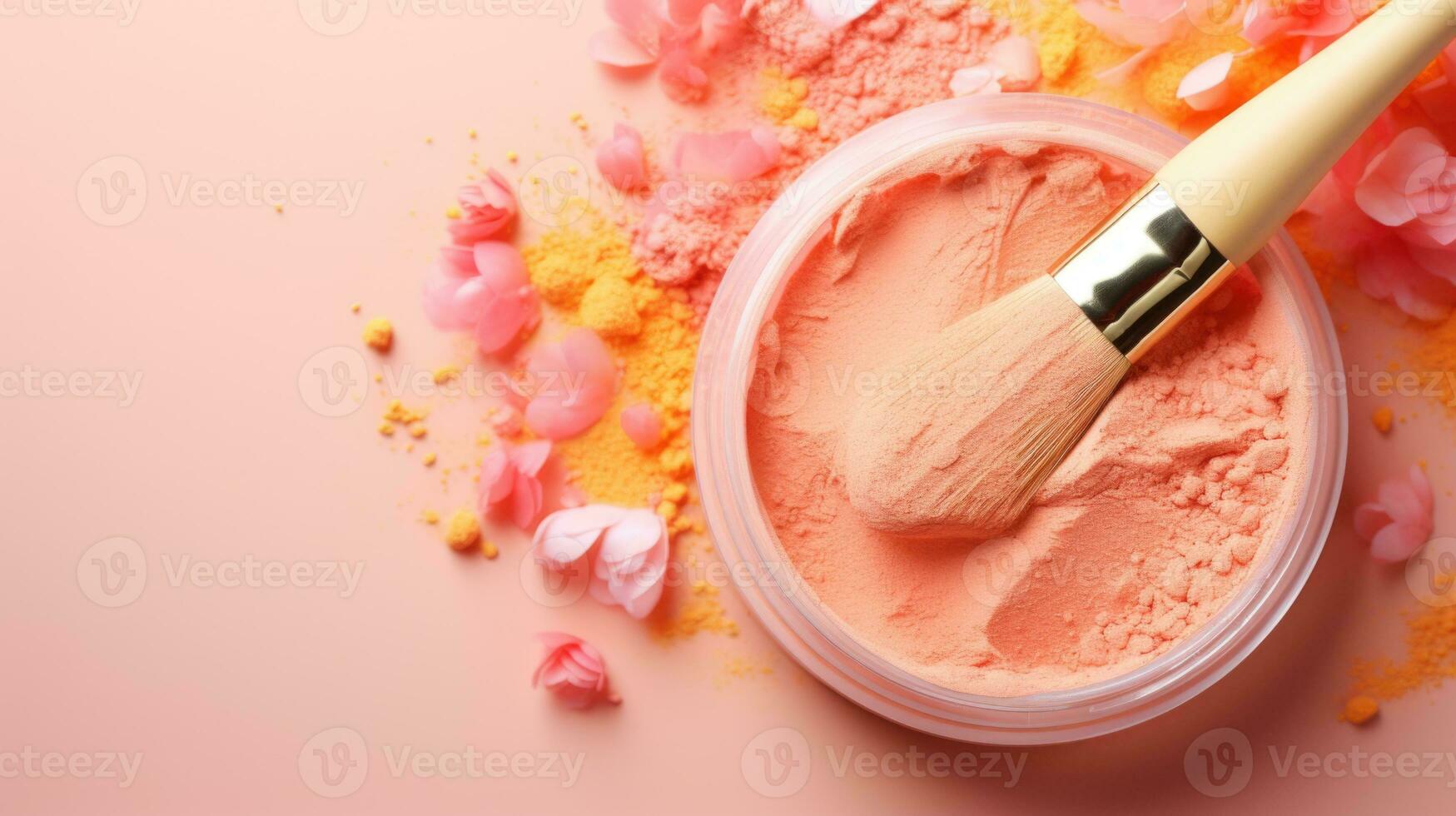 AI generated Velvety Peach Fuzz Makeup Powder with Soft Application Brush. photo