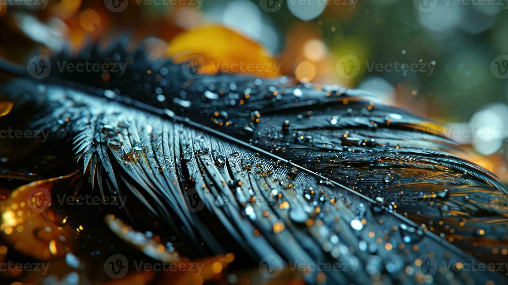 AI generated Dewy Feather on Forest Floor with Golden Light Bokeh photo