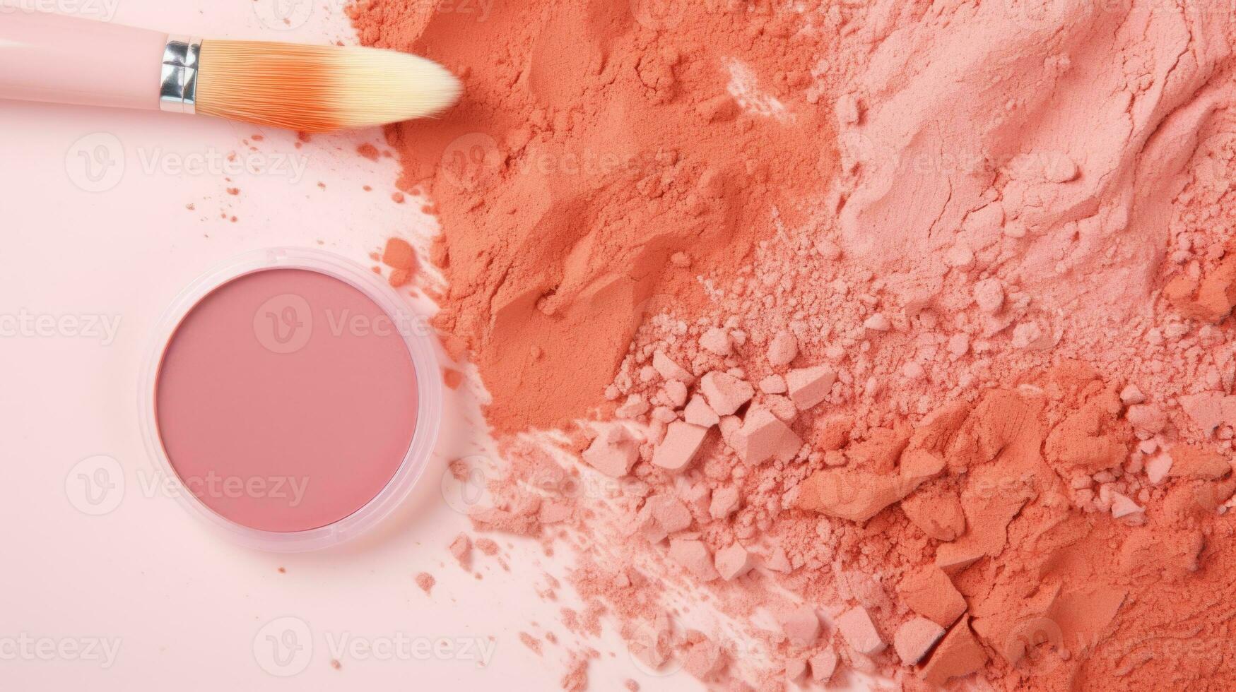 AI generated Velvety Peach Fuzz Makeup Powder with Soft Application Brush. photo
