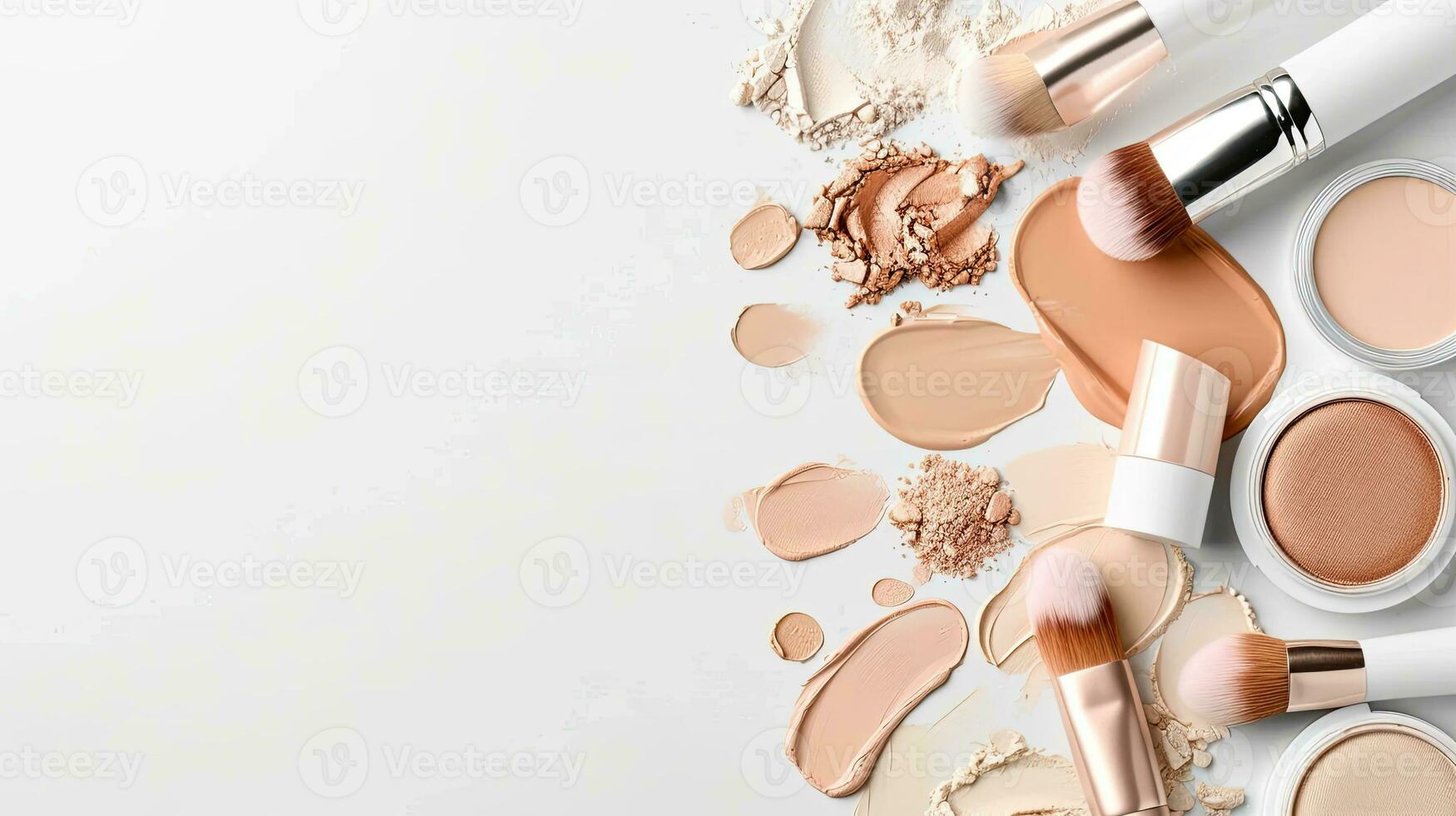 AI generated Assorted Cosmetics and Brushes Top View with Ample Copy Space photo