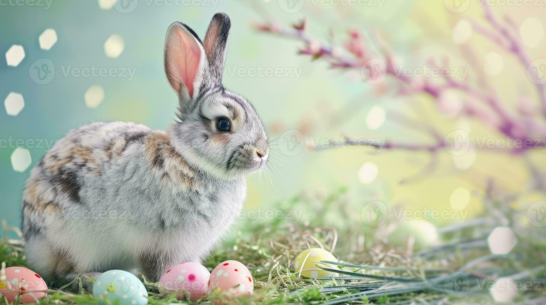 AI generated Easter Bunny with Painted Eggs Amidst Flowers. photo