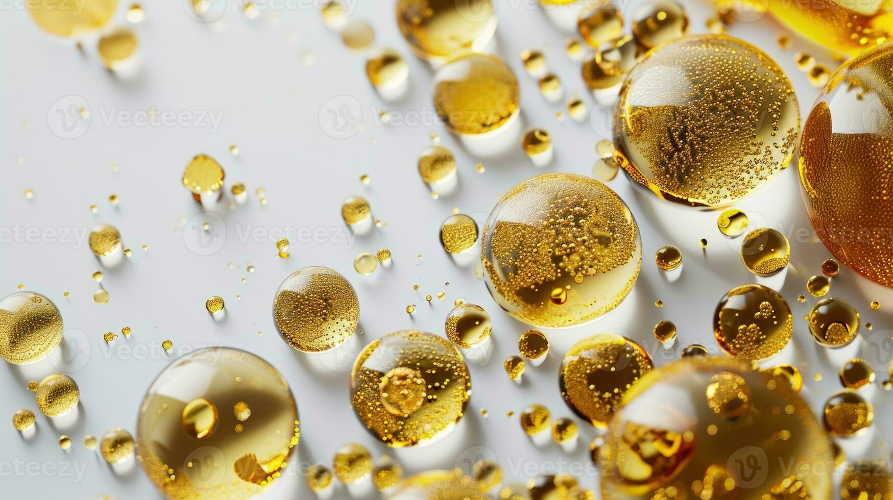 AI generated Golden Skincare Oil Drops with Air Bubbles on White Background photo