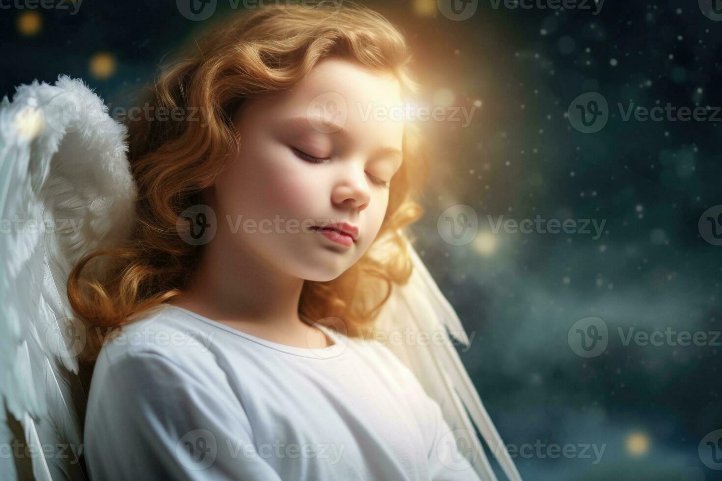 AI generated Serene Child Angel Praying Under Starlit Heavenly Skies photo