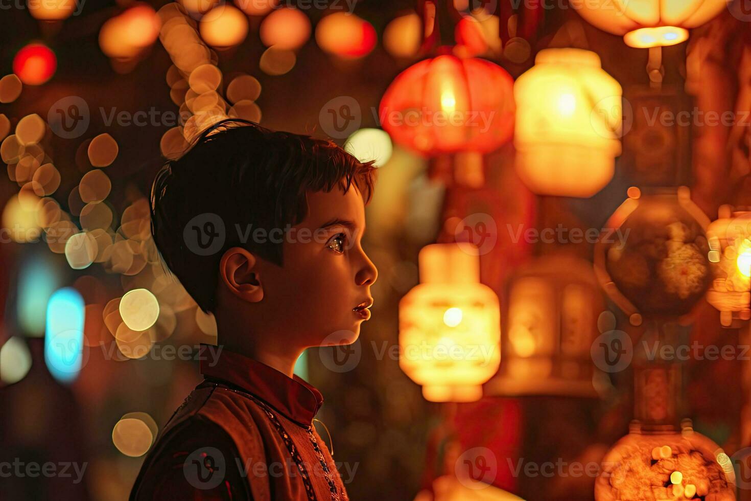 AI generated Child in Awe at Festive Eid Mubarak Celebration photo