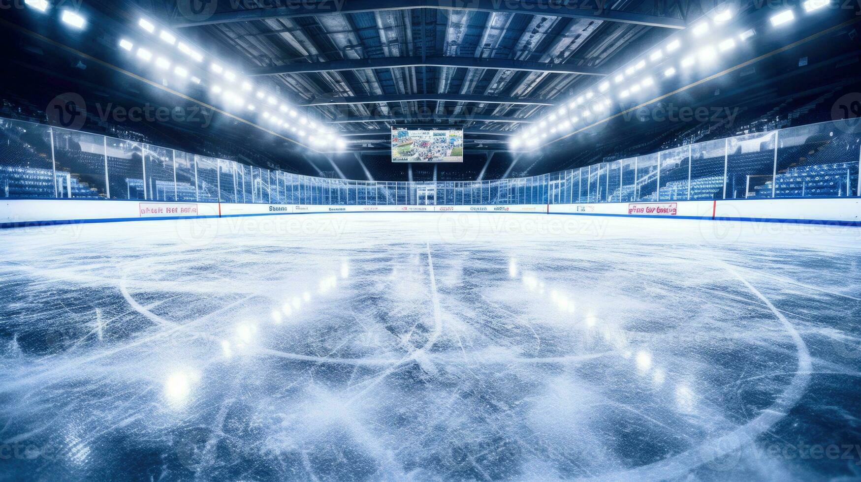 AI generated Empty Ice Hockey Rink with Glare and Arena Seating photo