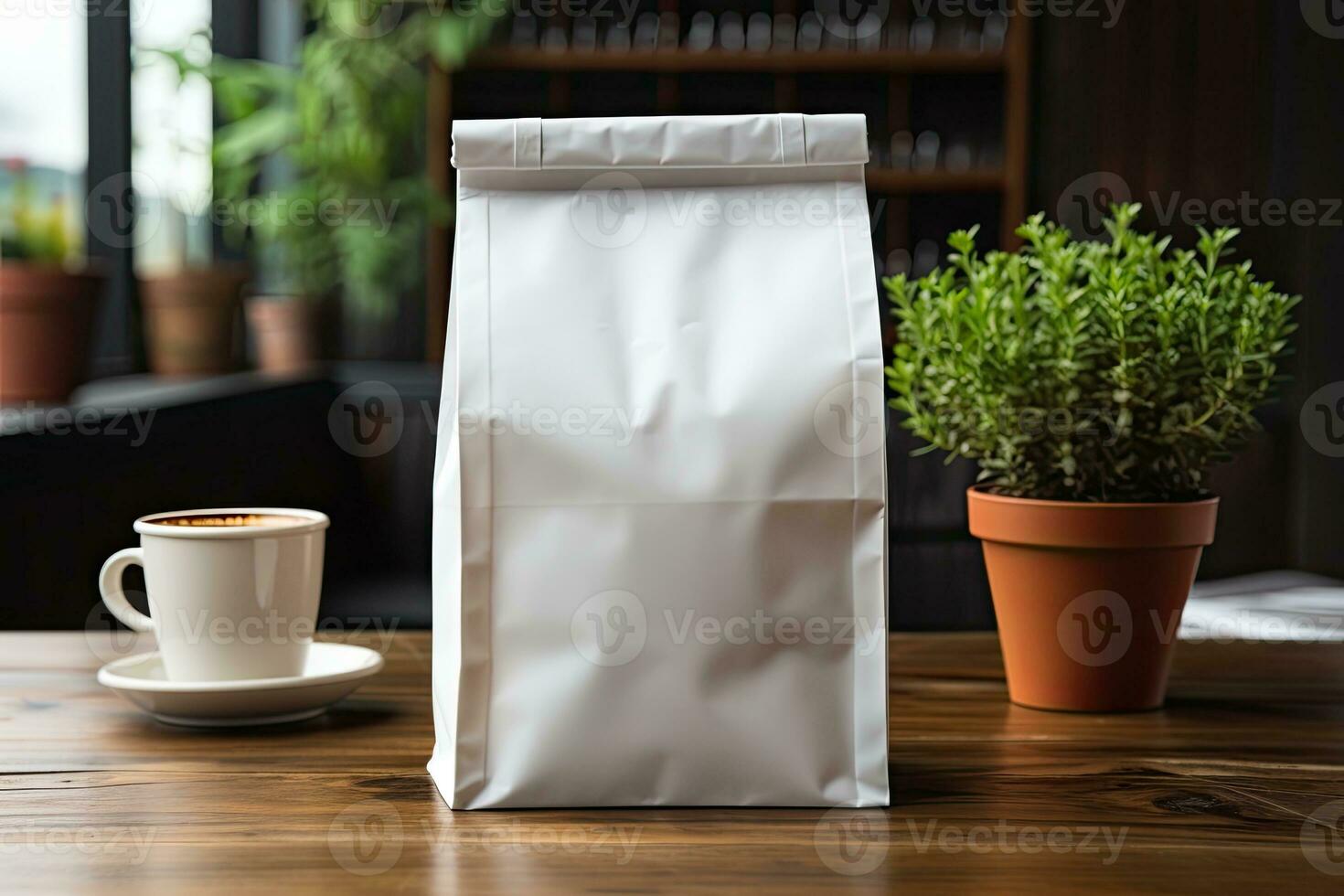 AI generated Blank Paper Coffee Bag Mockup on Wooden Table photo