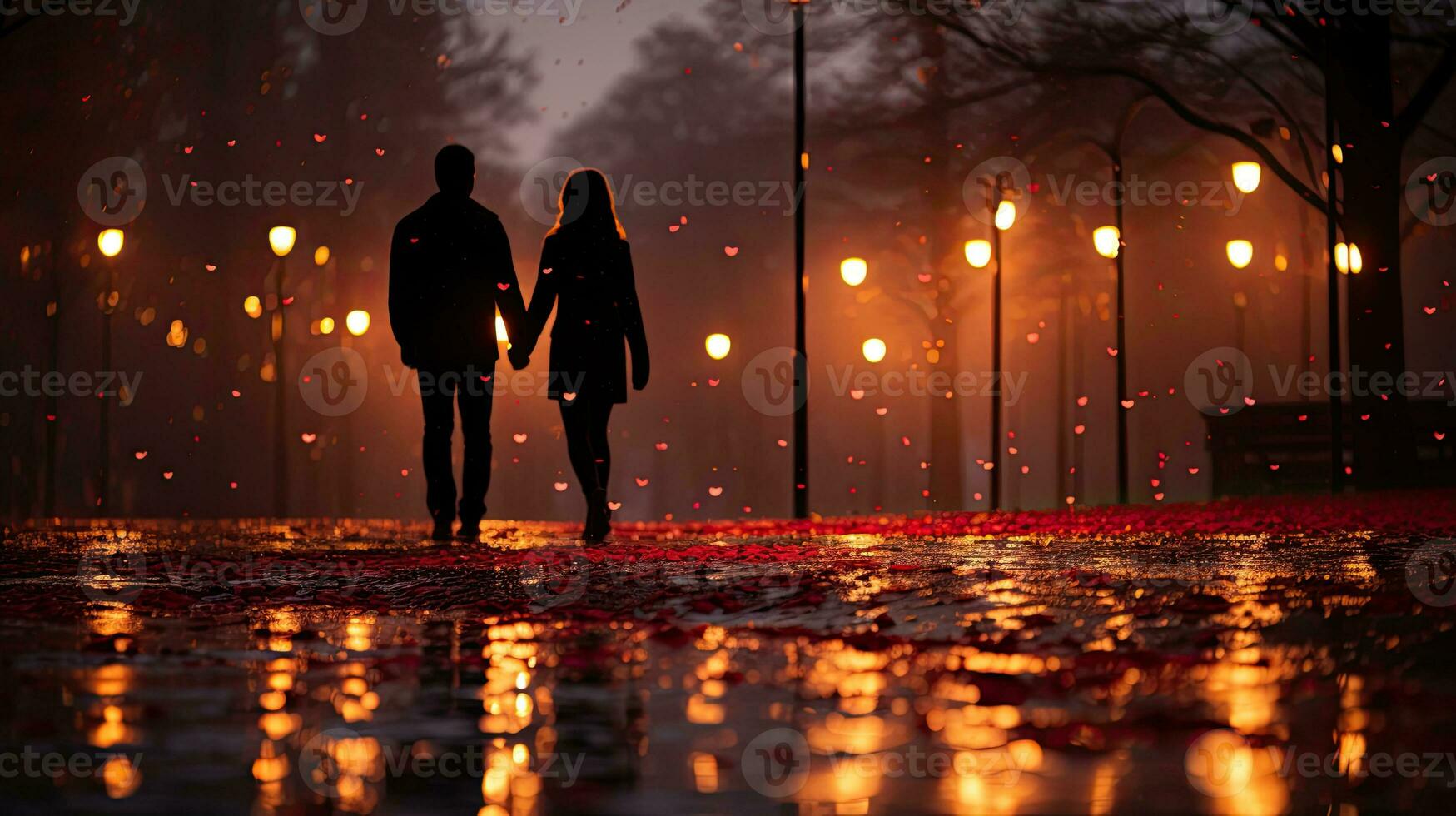 AI generated Couples Silhouette Stroll Under Heart-Filled Twilight Sky. photo