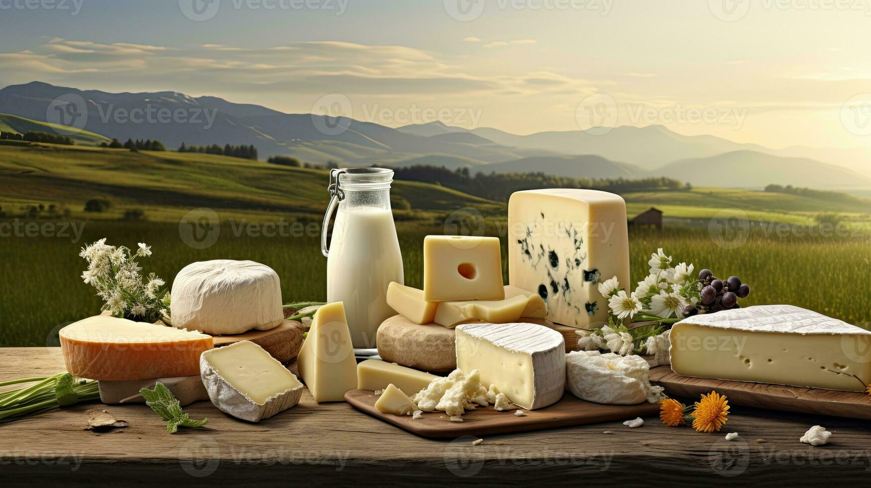 AI generated Assorted Dairy Delights on Rustic Table in Pastoral Landscape. photo