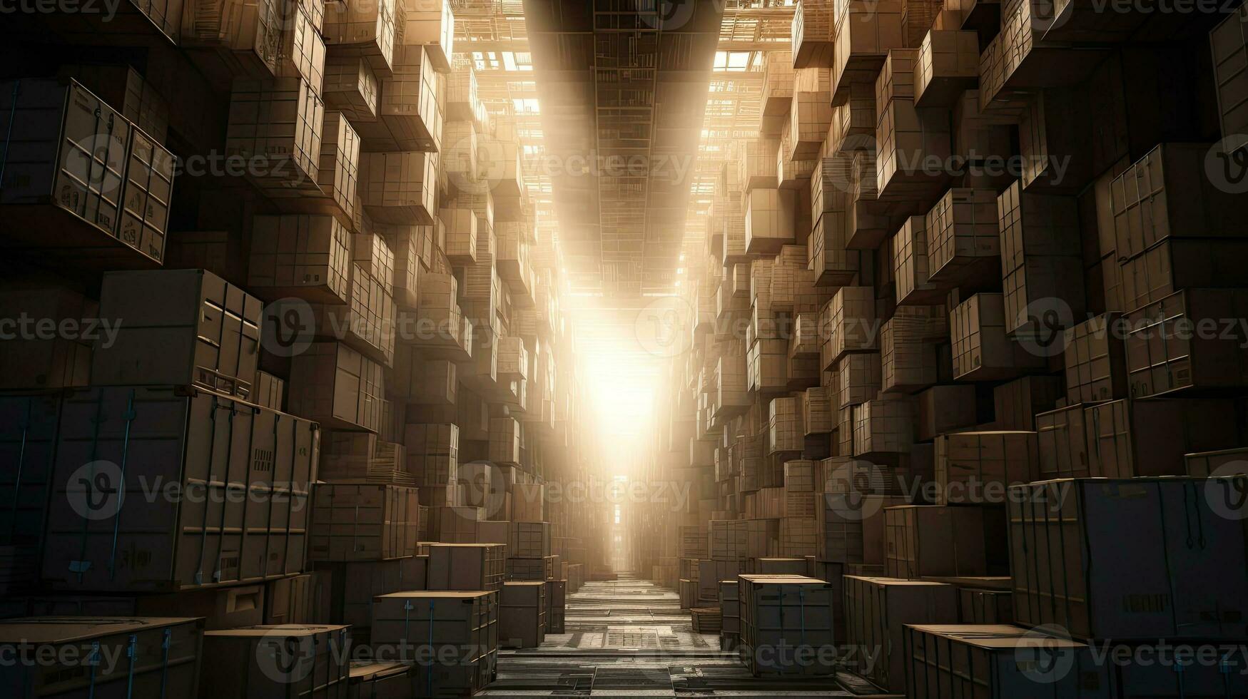AI generated Warehouse Aisle Lined with Stacked Cardboard Boxes. photo