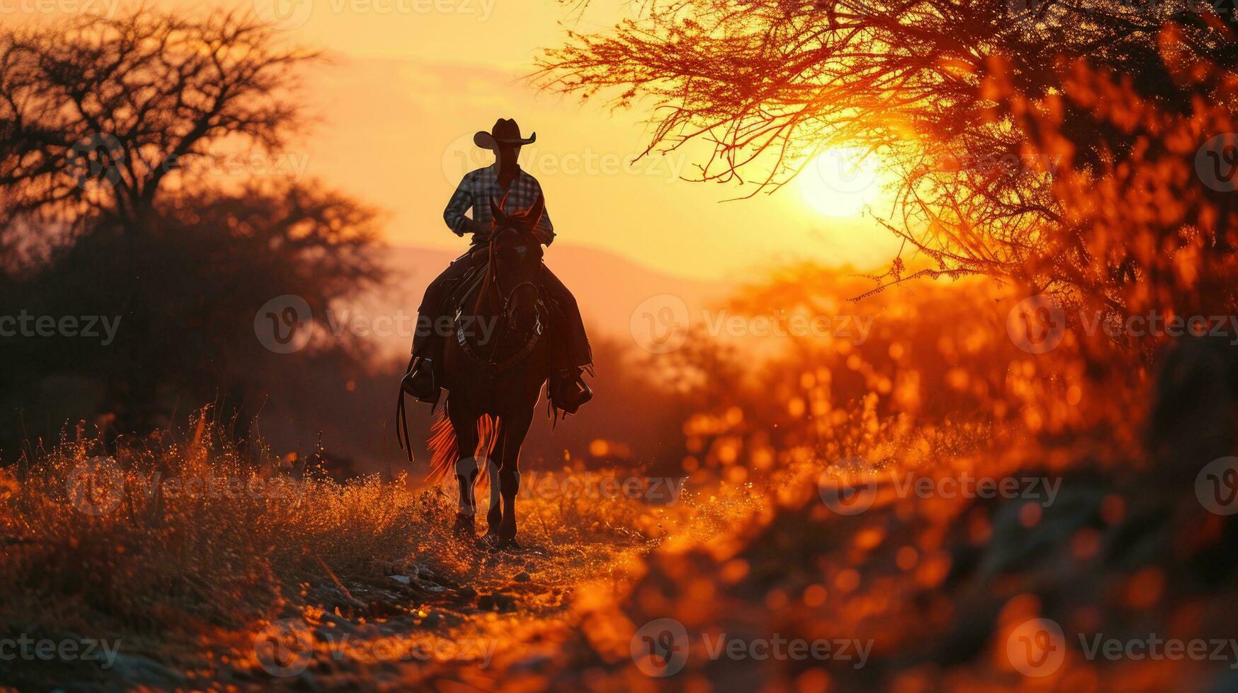 AI generated Cowboy Riding Horse at Sunset in Countryside Silhouette photo