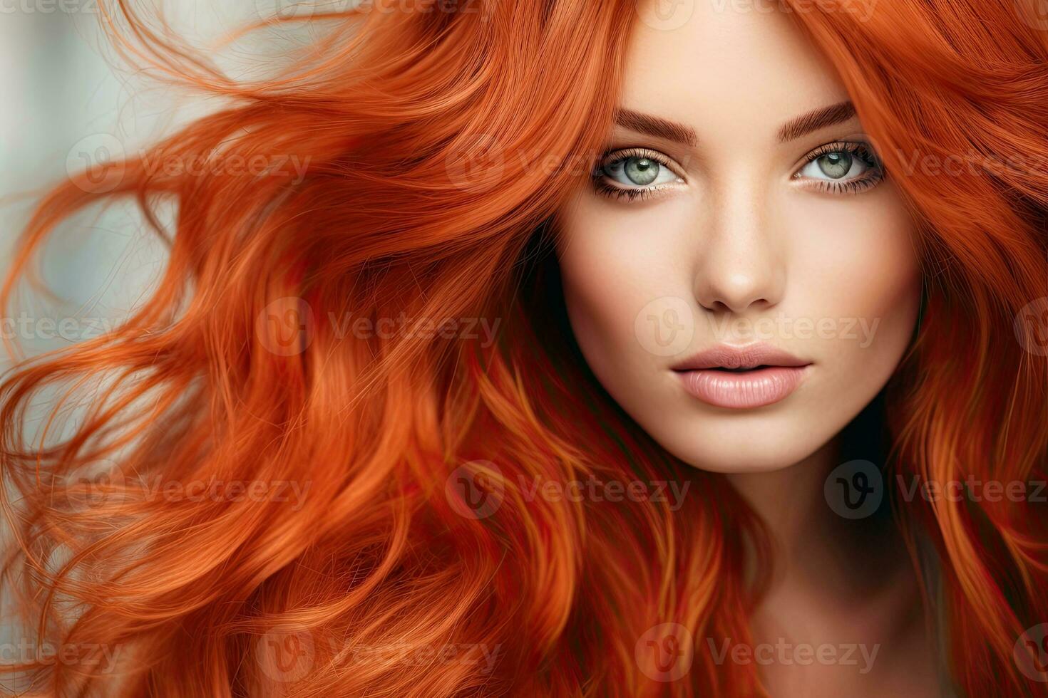 AI generated Vibrant Redhead Beauty Captivating with Intense Green Eyes. photo