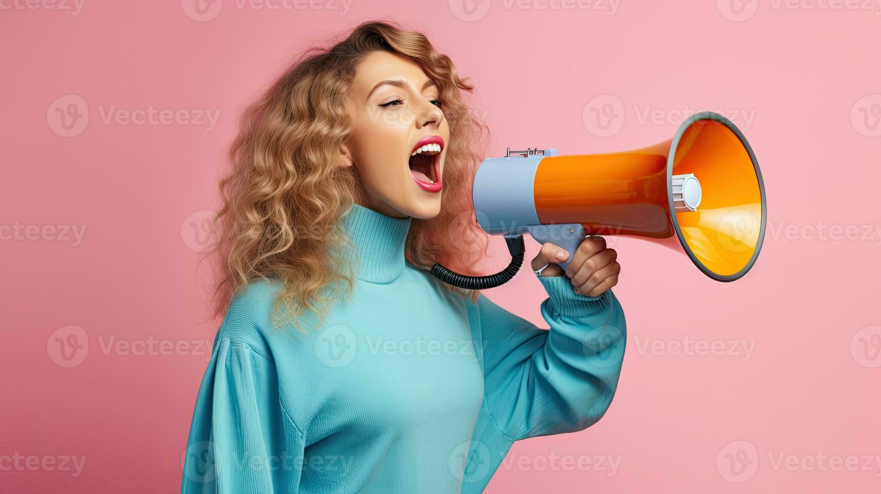 AI generated Energetic Woman Making Announcement with White Megaphone photo