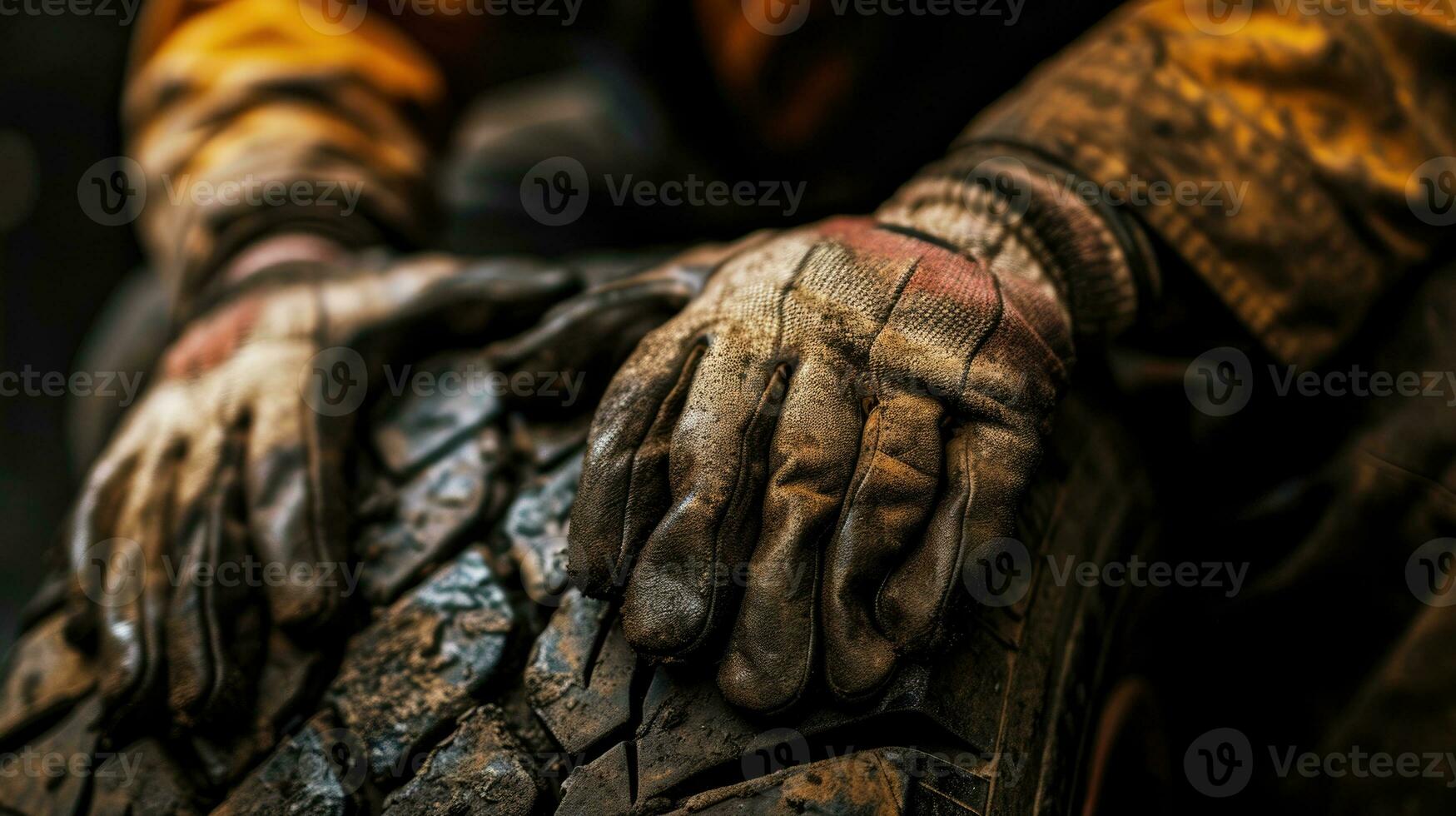 AI generated Close-Up of Dirty Work Gloves on a Rugged Tire. photo