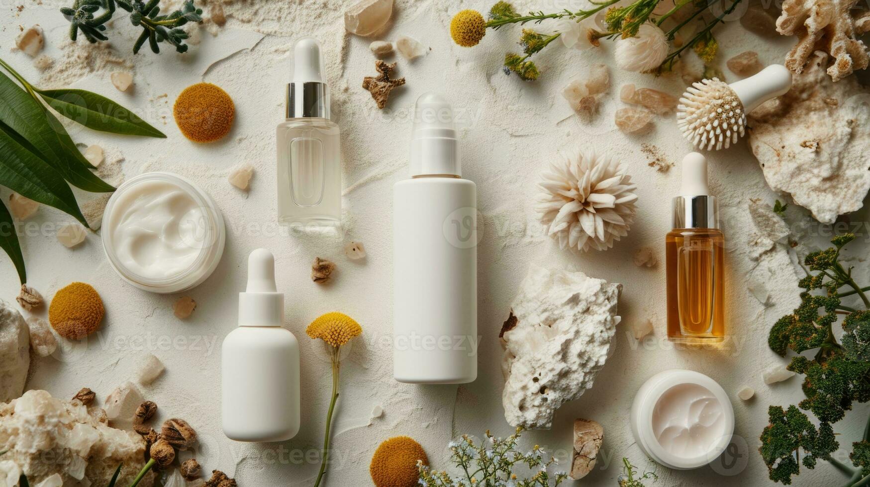 AI generated Natural Skincare Products Top View with Mockup Space photo