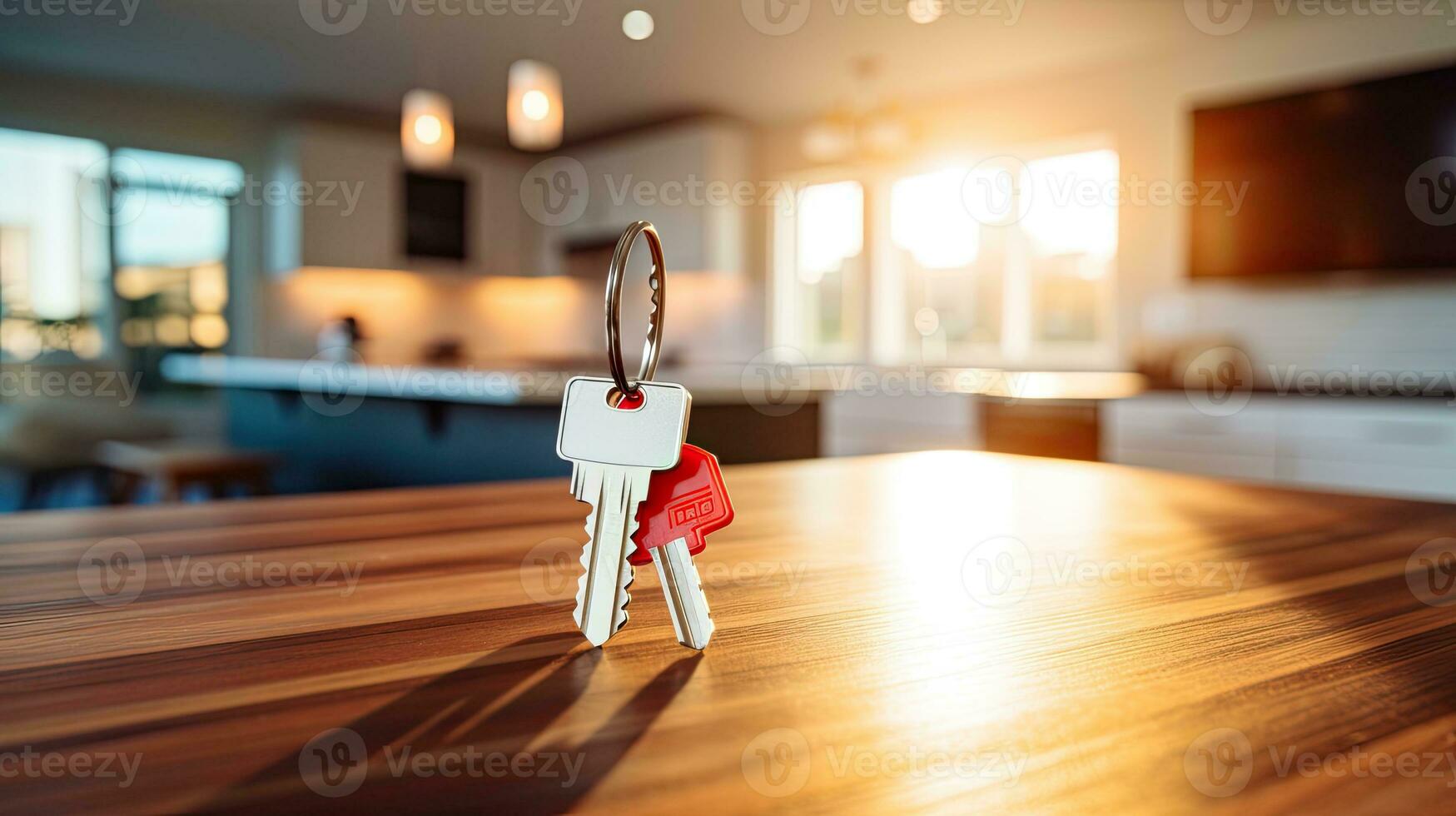 AI generated Home Keys on Wooden Table Inside Modern House. photo