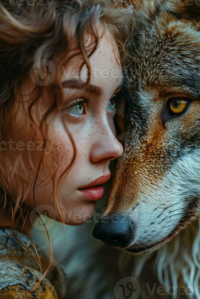 AI generated Woman and Wolf in Wilderness Companionship. photo