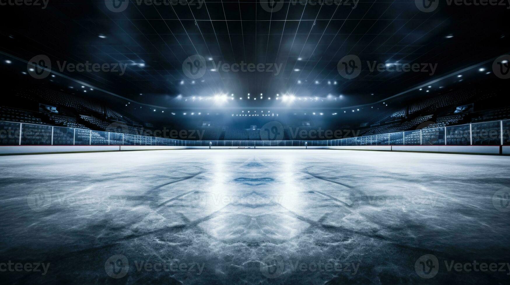 AI generated Empty Ice Hockey Rink with Glare and Arena Seating photo
