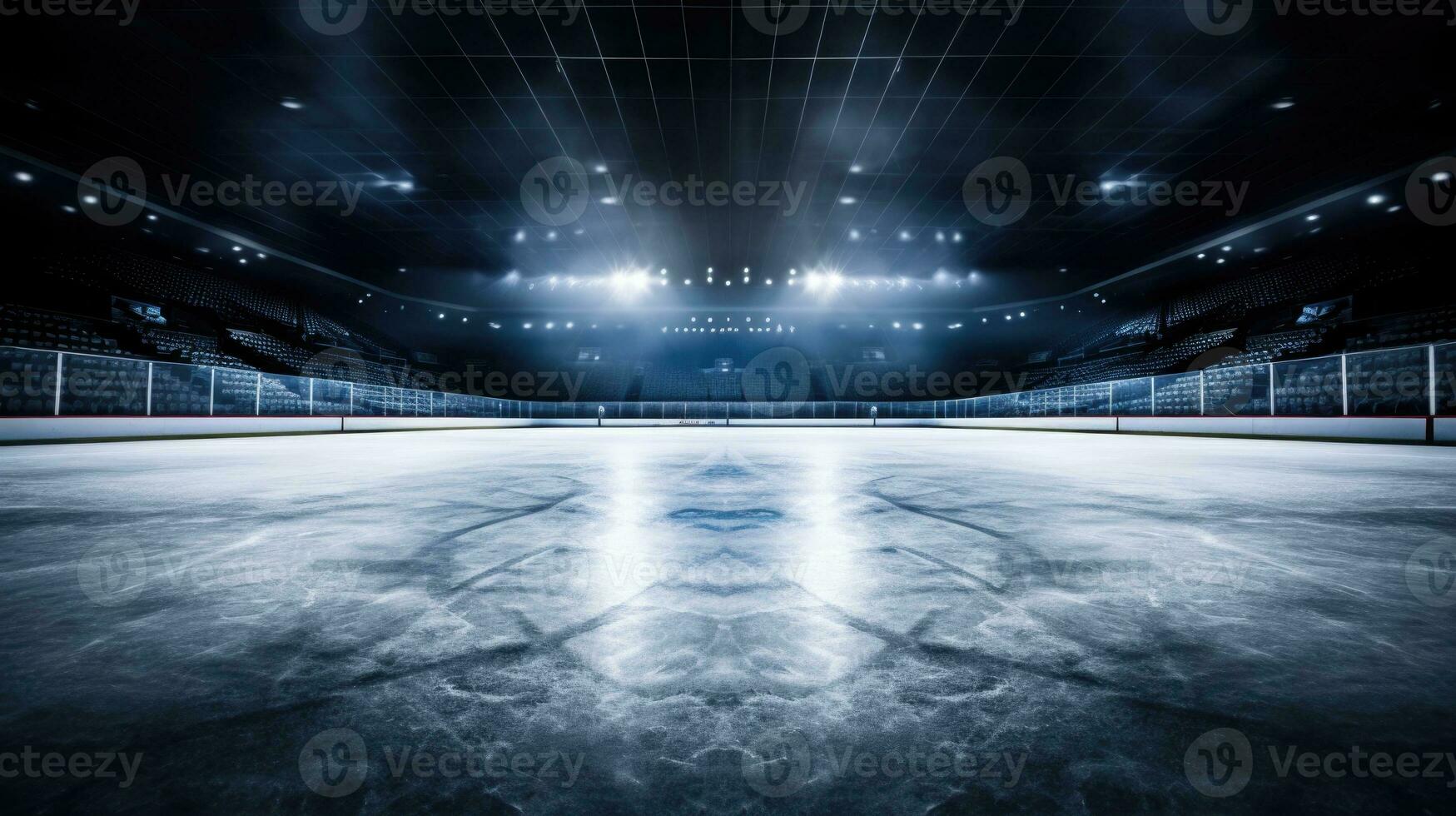 AI generated Empty Ice Hockey Rink with Glare and Arena Seating photo