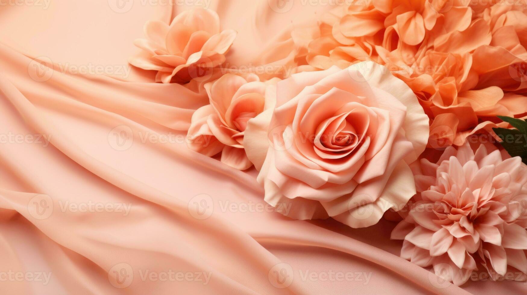 AI generated Elegant Peach Roses on Satin Fabric, Romantic Aesthetic Design. photo