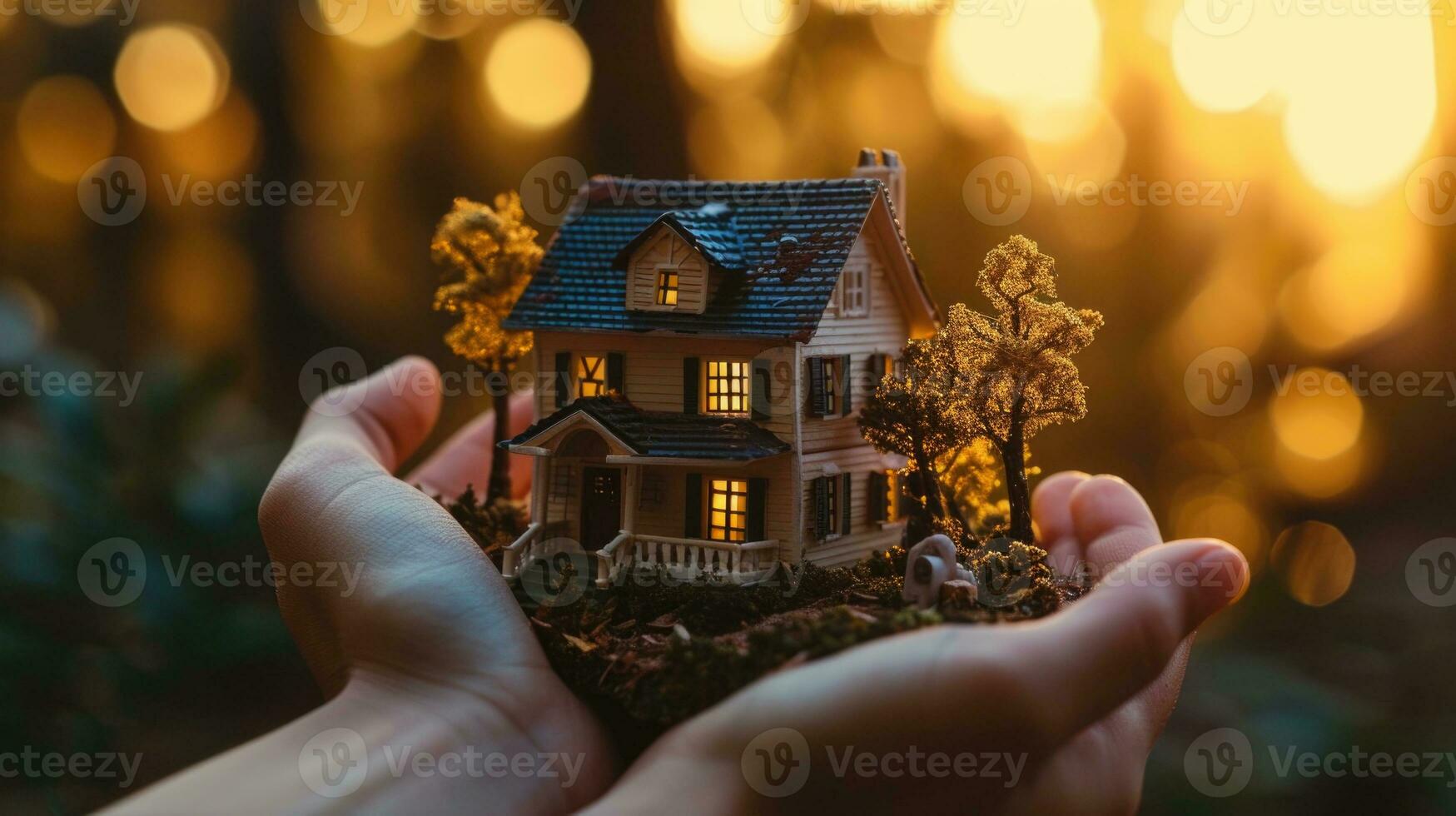 ai generado mano participación iluminado miniatura casa a puesta de sol. foto