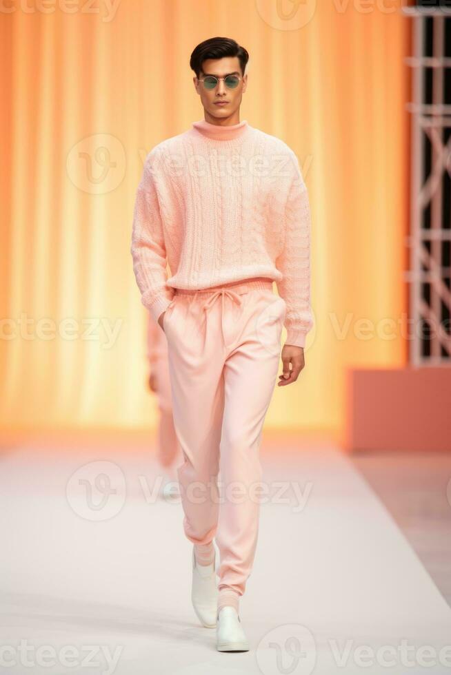 AI generated Model in Peach Knitwear Strides on Fashion Week Runway photo