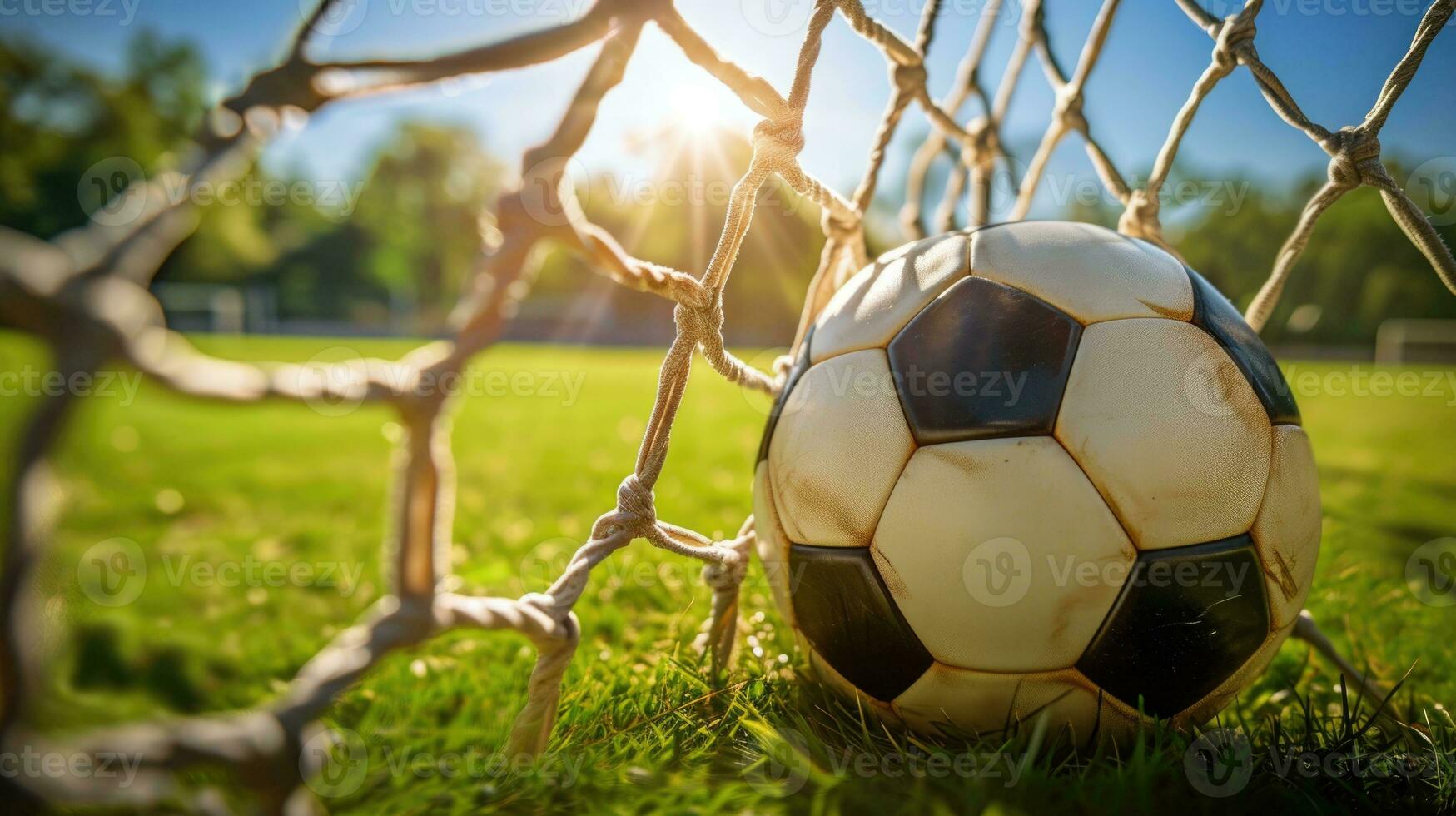 ai generado fútbol pelota en red significando objetivo en soleado día. foto