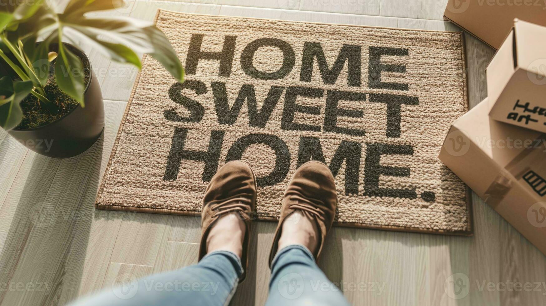 AI generated Welcome Mat with 'Home Sweet Home' at House Entrance. photo