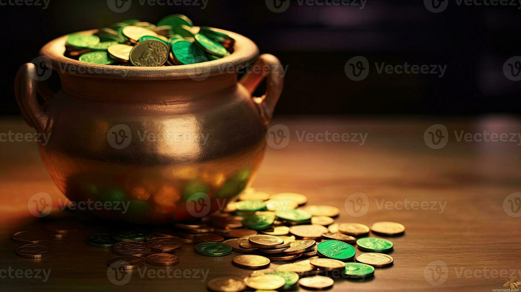 AI generated Pot of Gold with Clover Leaves for St. Patrick's Day photo