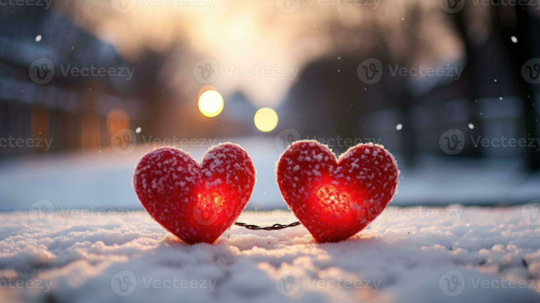 ai generado dos rojo corazones vinculado juntos en Nevado San Valentín ambiente foto