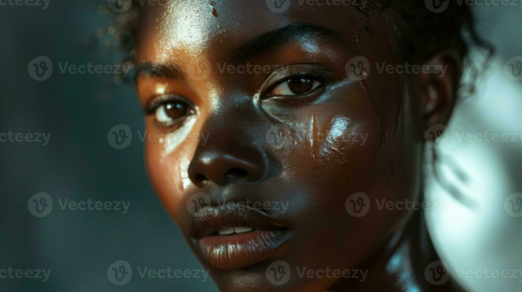 ai generado negro mujer retrato con radiante piel y etéreo resplandor foto