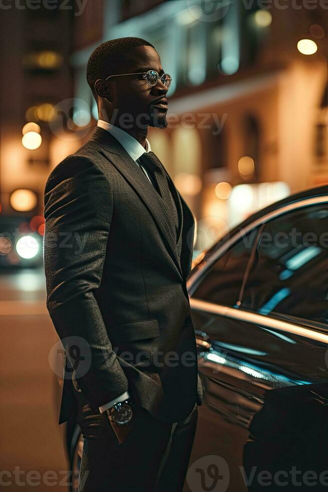 AI generated Confident Elegant Businessman in Suit by Luxury Car photo
