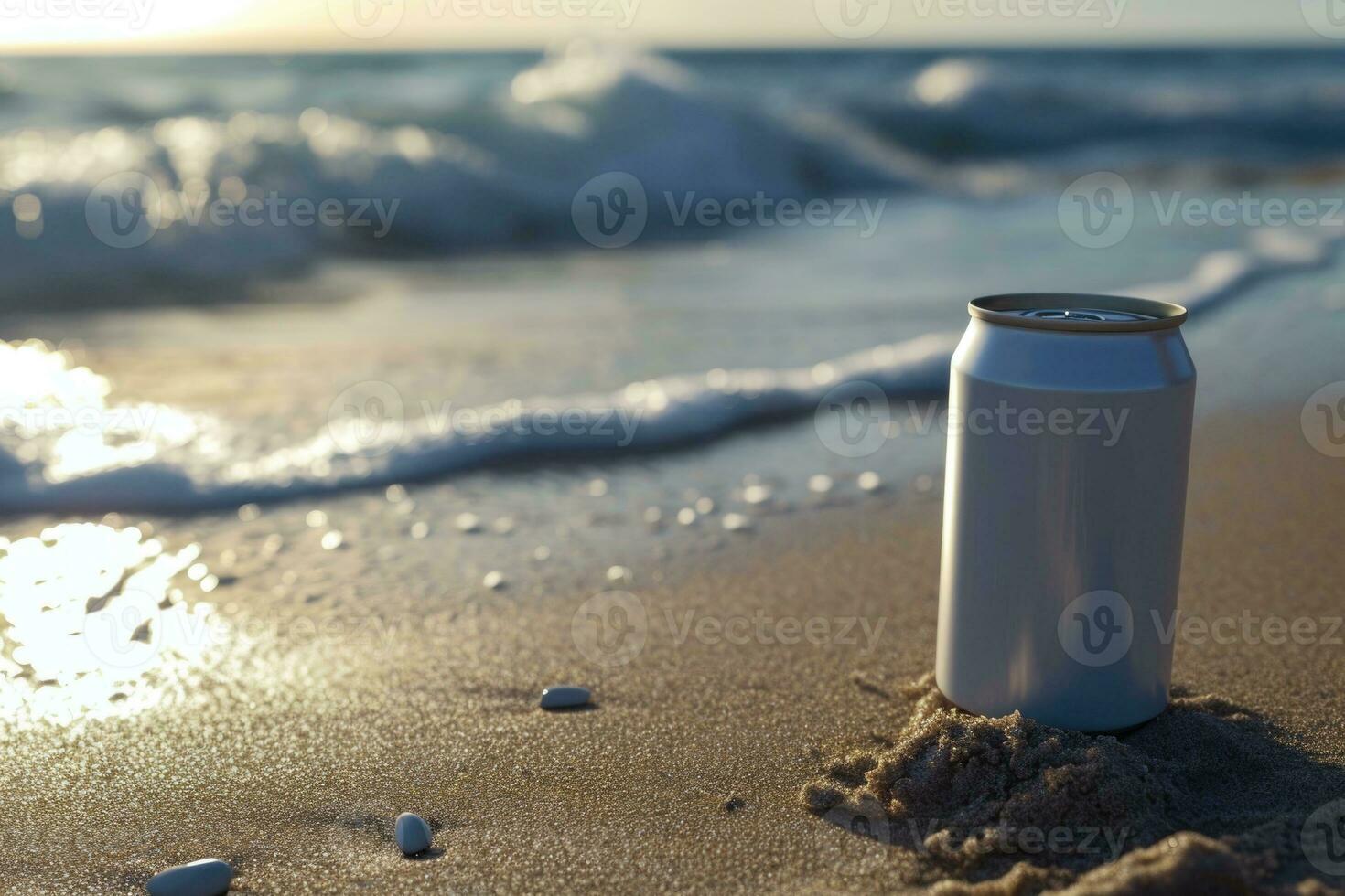 AI generated Blank Beverage Can Mockup on Sandy Beach at Sunset photo