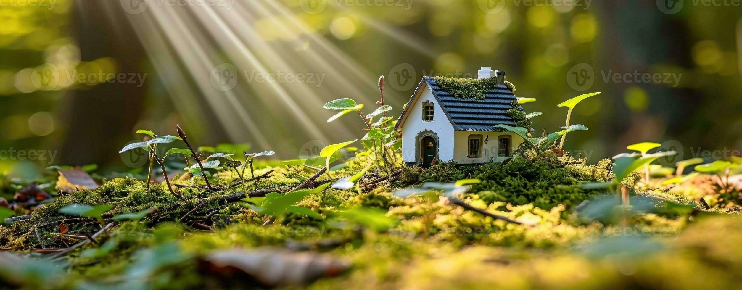 AI generated Miniature House Amidst Growing Seedlings in Bright Sunlight. photo